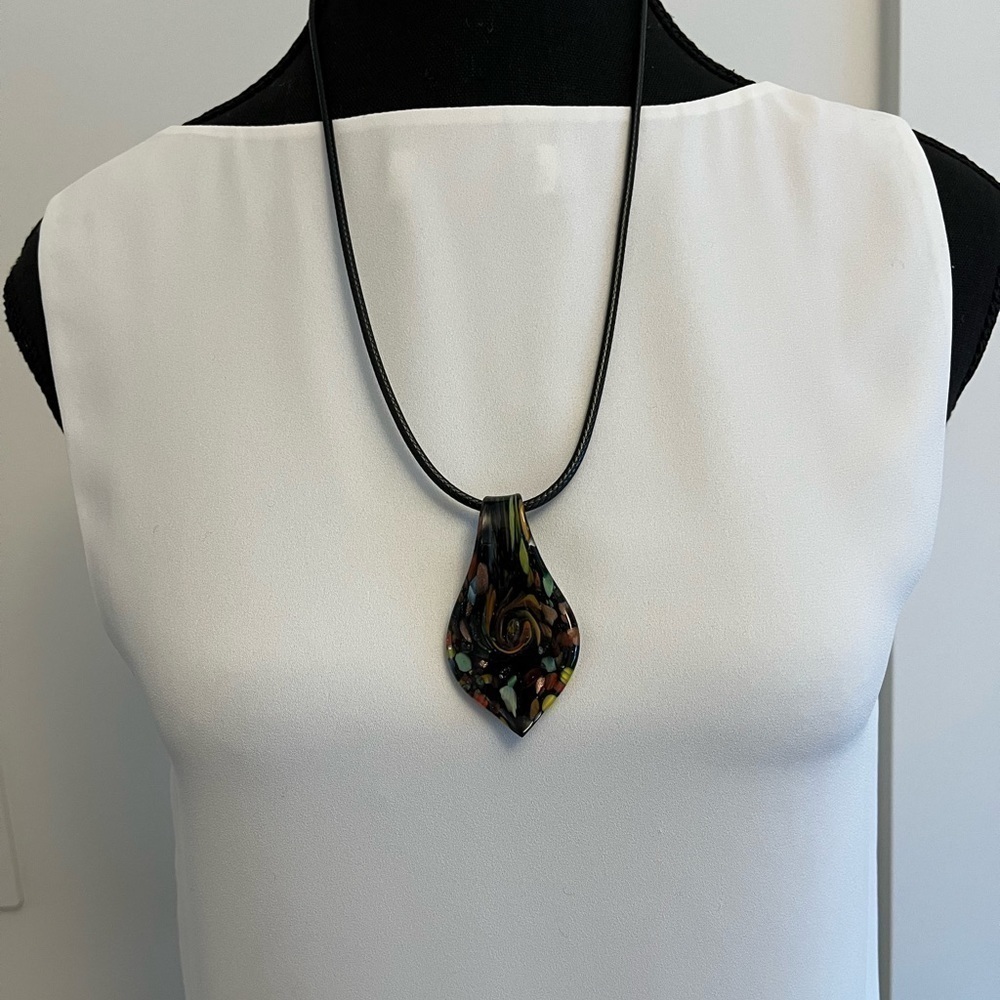 PENDANT Glass Teardrop Black Multi-Colour and 20" Leather Cord Necklace Modern